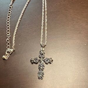 Floral Silver Cross Pendant Necklace